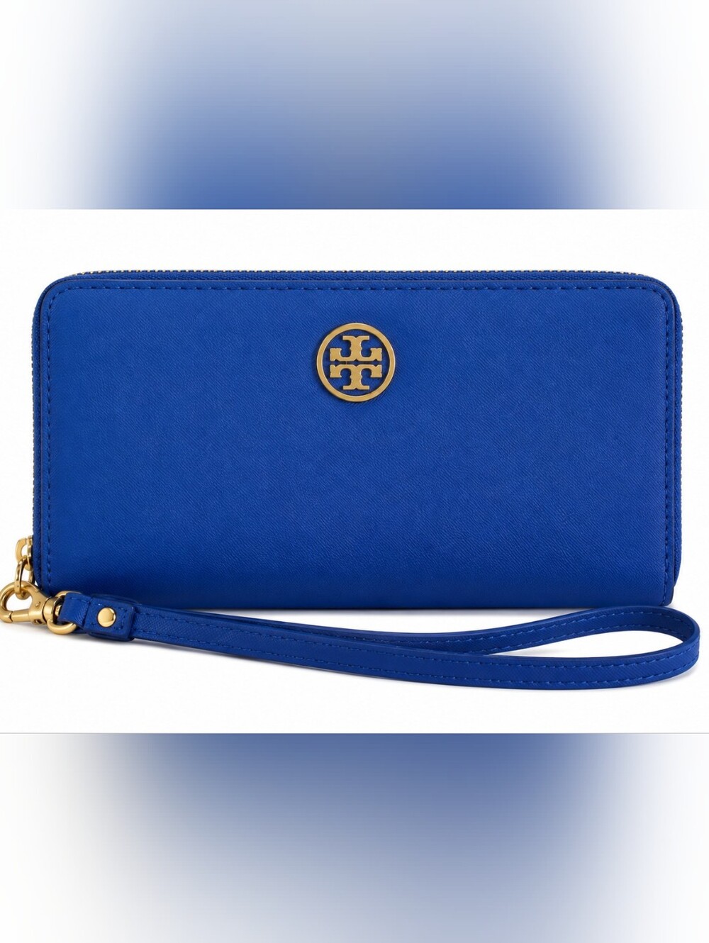 Tory Burch Robinson Royal Blue Saffiano Leather Zip Around Wristlet Wallet